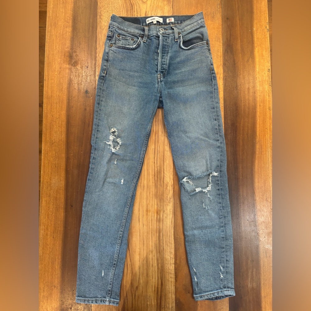 RE/DONE Originals High Rise Distressed Straight Leg Jeans 24 Button Fly
